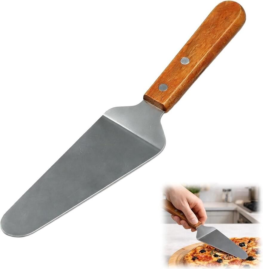 Professionele Pizzaschop en Taartserver met Ergonomisch Houten Handvat en Precisie Mes 25 cm voor Pizza Lasagna en Taart Serveren