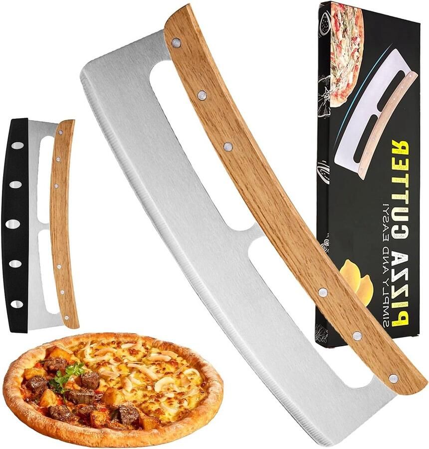Professionele Pizzasnijder van 35 cm met RVS Lemmet en Bescherming Ideaal voor Keuken Snijgereedschap en Acaciahouten Handvat