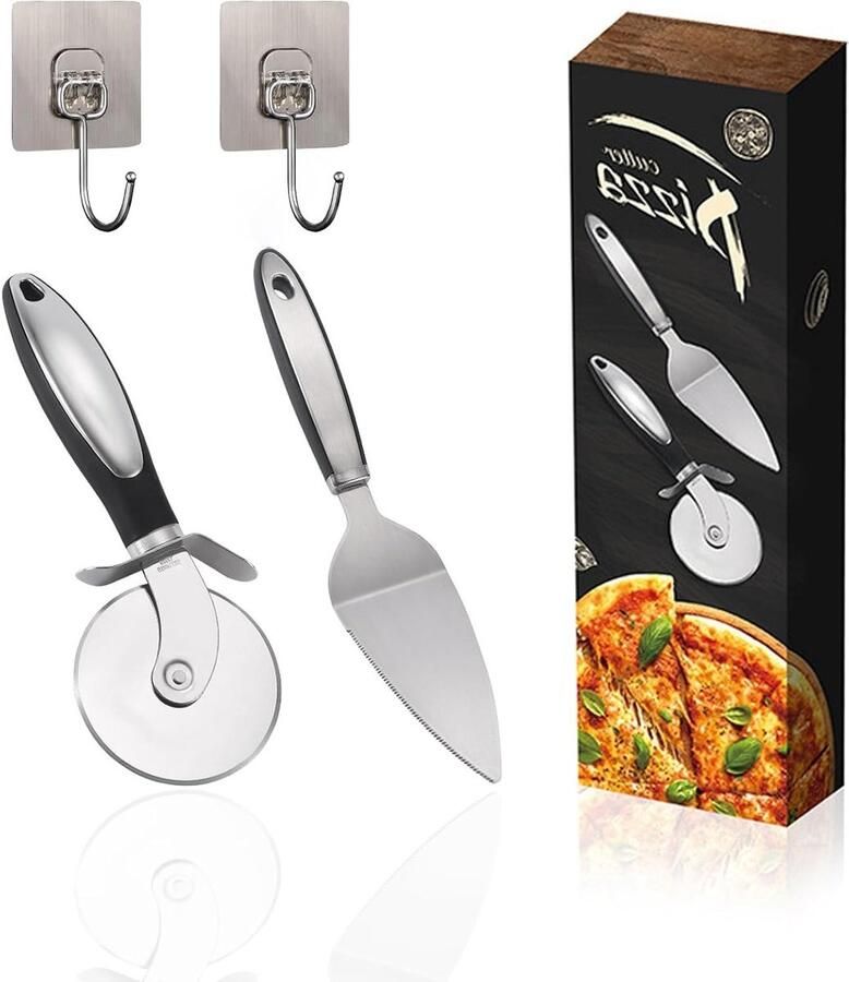 Professionele Pizzasnijder van RVS met Spatel Ideaal voor Pizza Taart en Wafels Inclusief 2 Hechthaken