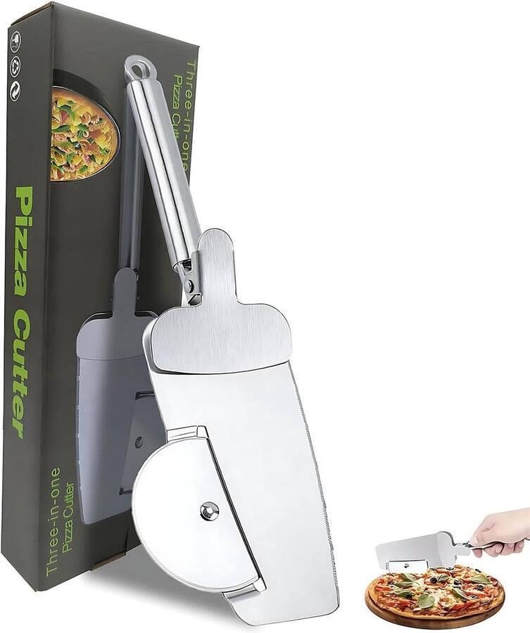 Professionele RVS Pizzasnijder Multifunctionele Keukenhulp met Pizzaschaal en Hangring voor Vaatwasser Ideaal voor Perfecte Pizzastukken