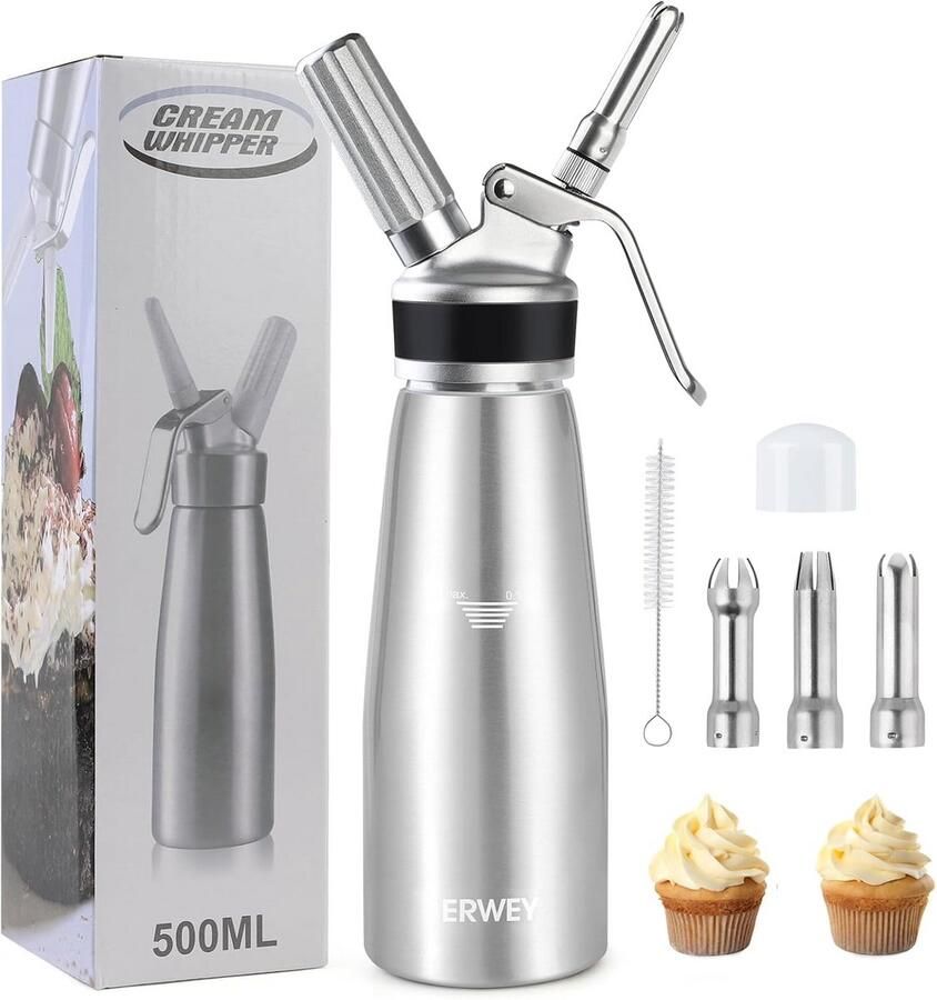 Professionele Slagroomdispenser 500 ml Aluminium met 3 Tuiten en Schoonmaakborstel