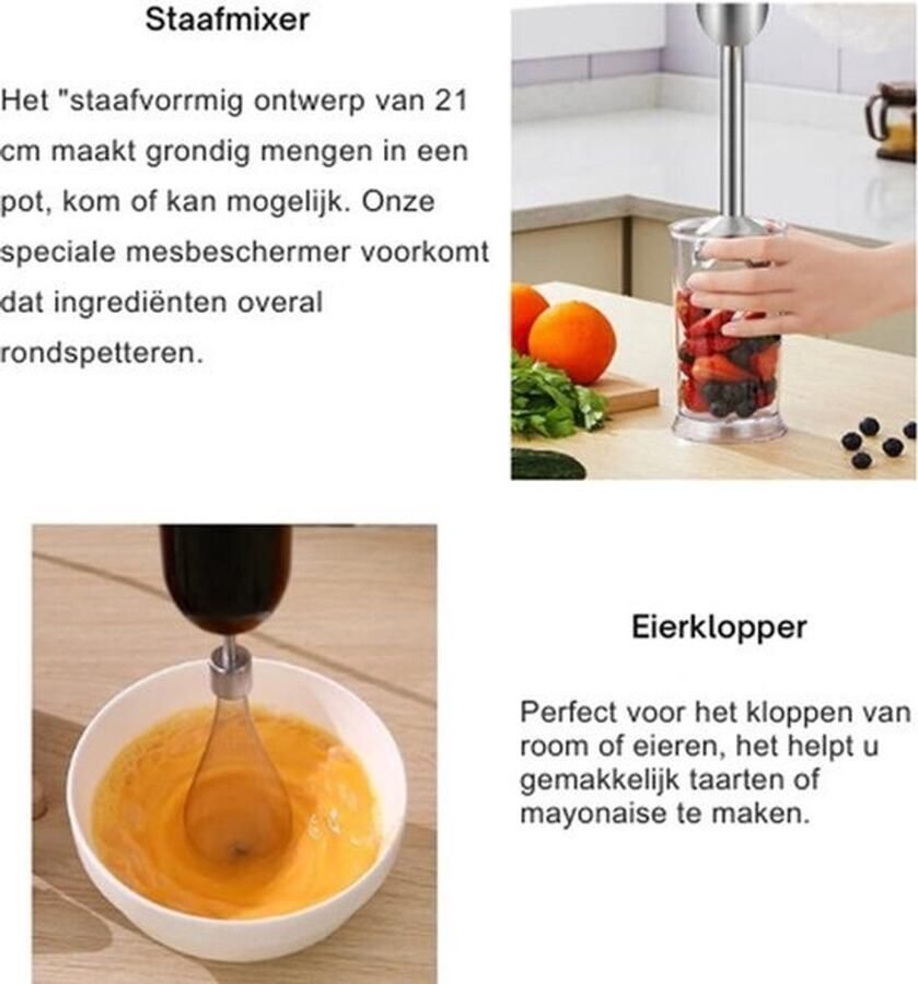 Professionele staafmixer 5-in-1-set Keukenmachine 1200W RVS Inclusief hakmolen Kom Eierklopper Melkopschuimer