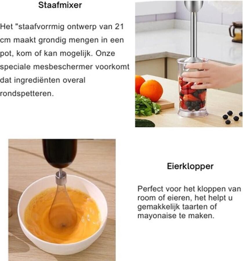Professionele Staafmixer Set 5-in-1 Keukenmachine 1200W RVS Incl. Hakmolen Kom Eierklopper Melkopschuimer