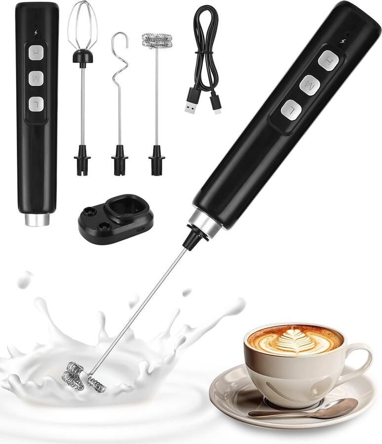 Professionele USB-C Melkopschuimer 3-in-1 Draadloze Elektrische Klopper met Oplaadstation 3 Snelheden & 3 Koppen voor Cappuccino Latte Eieren Kloppen Inclusief Oplaaddock en USB-Kabel Ideaal Keukenmixer