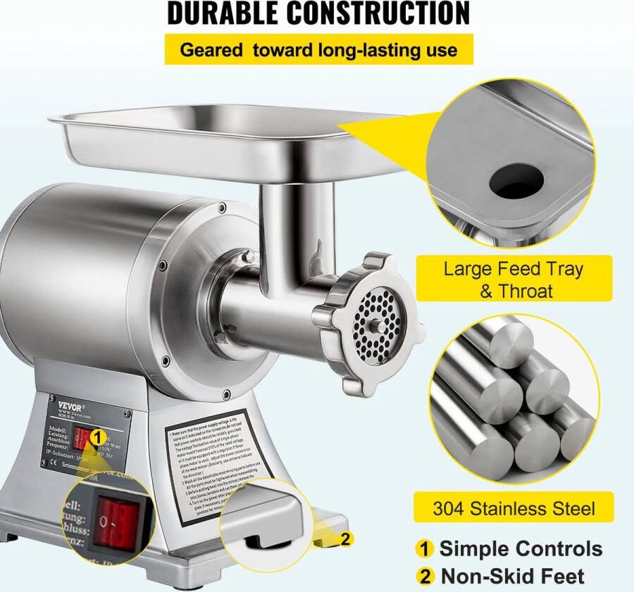 Brivia Professionele Vleesmolen Elektrische Vleesmolen Food Chopper Foodprocessor Keukenapparatuur 120 Kg u Vleesmolen Vleesmachine Vlees bereiden Gehaktmolen