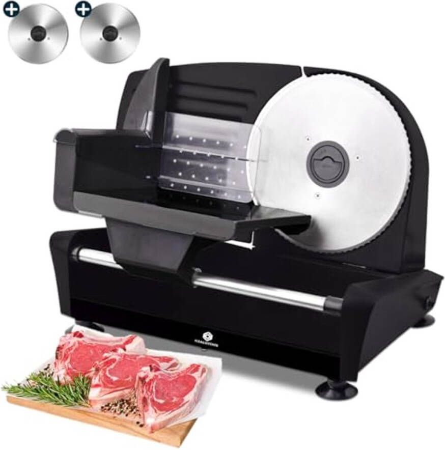 Professionele Vleessnijder voor de Keuken Inclusief 2 Rvs Snijbladen Dikte Instelbaar Multifunctionele Slicer Krachtige Motor All-in-one Snijder
