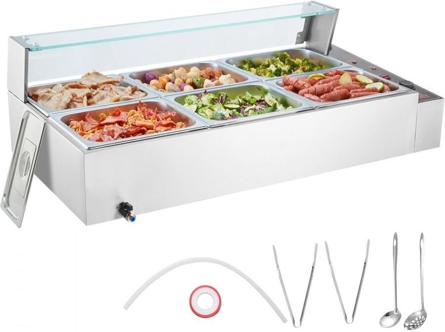 Professionele Voedselverwarmer Buffet Warmhoudbak Bain Marie 6x 7 6 L Bakken Elektrisch 1500W RVS Glazen Deksel 30-85°C Temperatuurregeling Horeca Catering