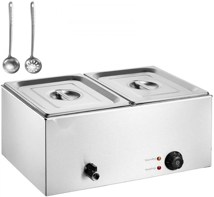 Professionele Voedselverwarmer Elektrische Buffet Bain-Marie Stoomtafel Twee 1 2 GN-bakken Vermogen 1200 W RVS Temperatuurregeling 30-80°C