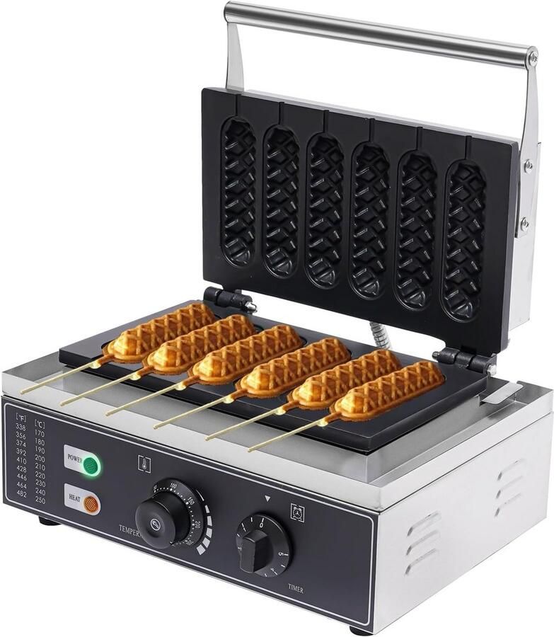 Professionele Wafelmaker 1500 W 6 Vormen Anti-aanbaklaag Temperatuurregeling 50-300 °C voor Hotdogs Wafels Corn Dogs 5 Minuut-Timer