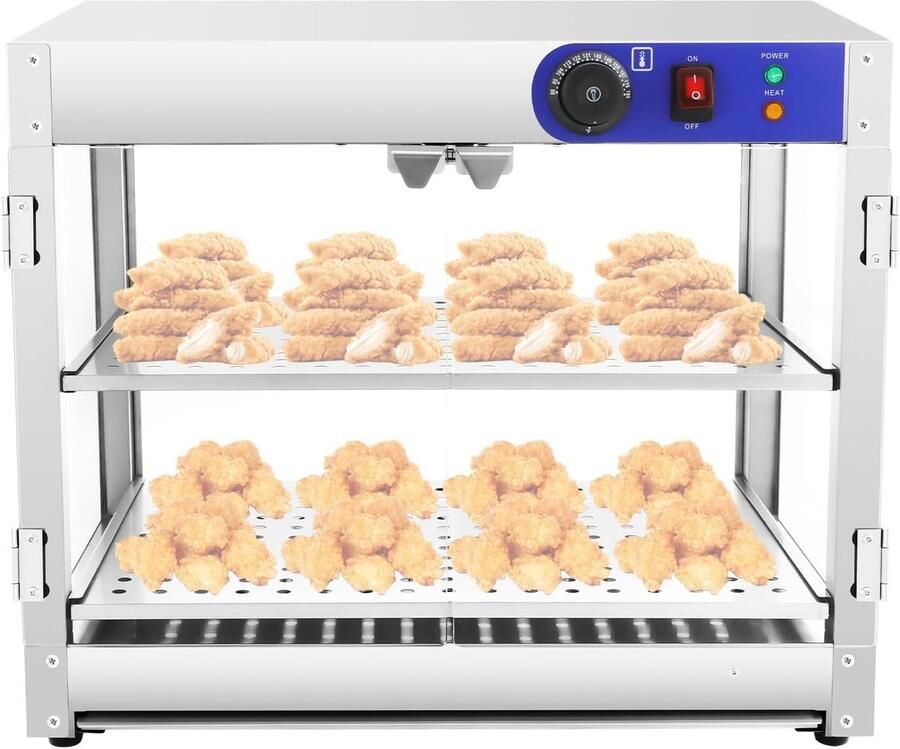 Professionele Warmhoud Vitrine RVS met 2 Niveaus Bovenste Warmhoudkast voor Snacks en Warme Gerechten