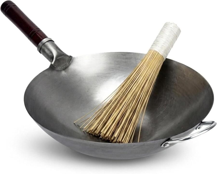 Professionele Wokpan Roerbakpan Horeca Authentiek Koken Handgehamerd Koolstofstaal 36 cm Zwart
