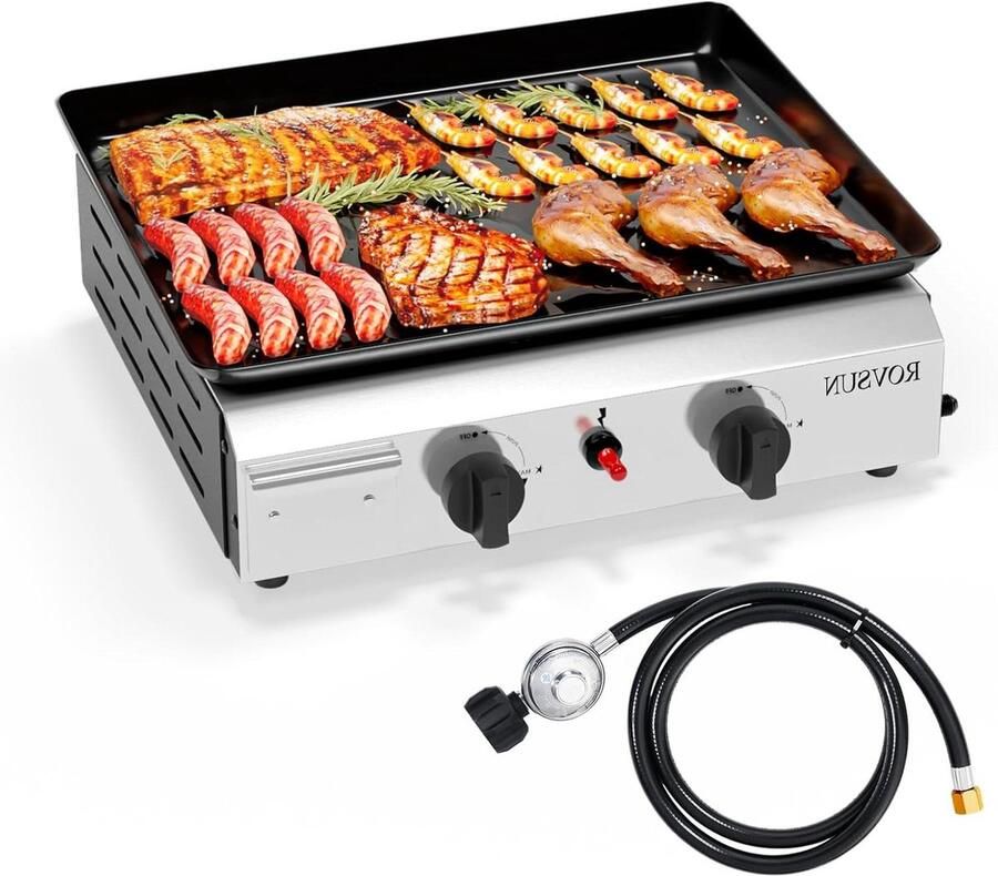 Propaan Bakplaat Gas Grill Tafelmodel Buiten Koken Dubbele Brander 43.94 x 36 cm Zwart