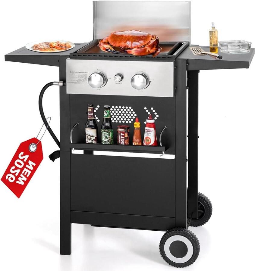Propaan Grill Combo Bakplaat Grill Buiten Koken Twee Branders 20.000 BTU Zwart