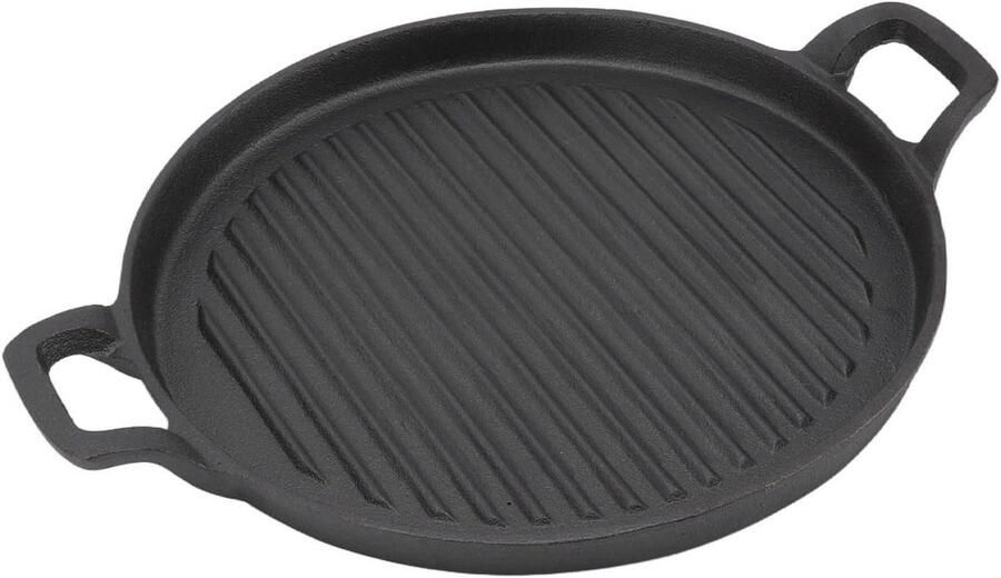 Qcwwy Gietijzeren Grillpan met Dubbele Handgreep Voorgekruide Grillpan met Geribbeld Oppervlak voor Koken op de Barbecue en op de Kookplaat (24 cm 9 4 inch)