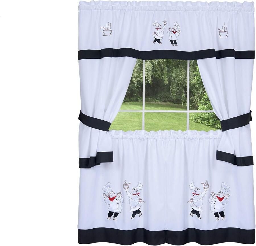 Raambekleding Set Keuken Gordijnen Keuken Decoratie Gourmet Print 58x36 cm Wit Zwart