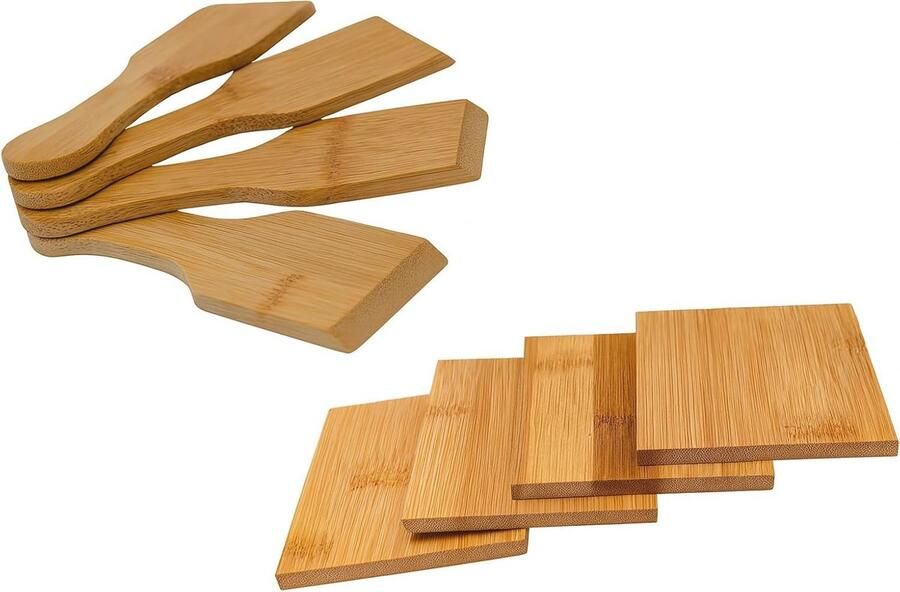Raclette Accessoires Set van 8 Bamboe Schrapers en Onderzetters Milieuvriendelijk Keuken