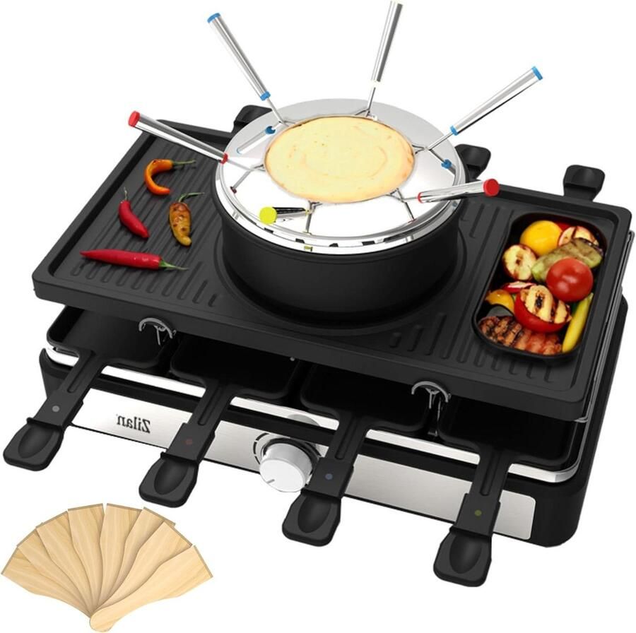 Raclette en Fondue Party Grill Gezellig Tafelen 3-in-1 Functie 8 Personen Zwart Natuursteen