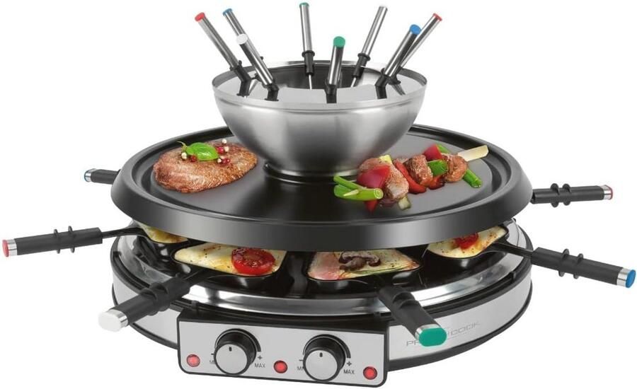 Raclette en Fondue Set voor 8 Personen 2in1 Elektrische Tafelgrill met Inclusief Spatel en Pannetjes Ideaal voor Kaas- en Chocoladefondue