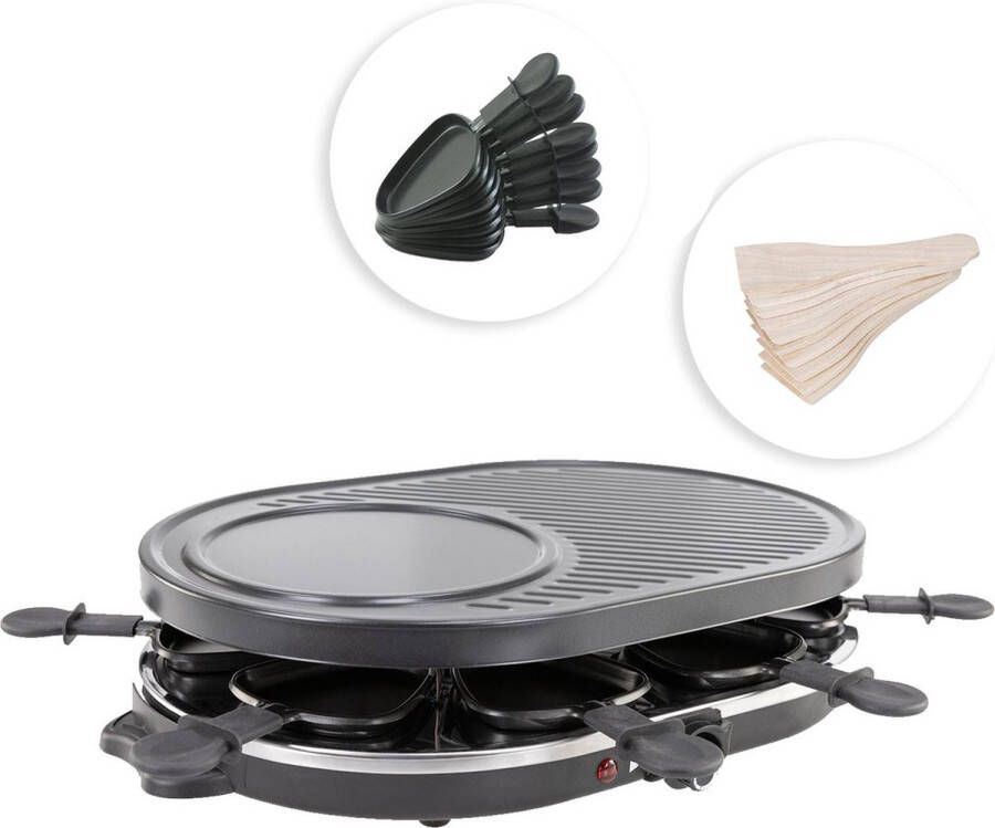 Raclette en Gourmet Set 1400 Watt Inclusief 8 Pannetjes en Spatels Temperatuurregeling 8 personen Anti aanbaklaag