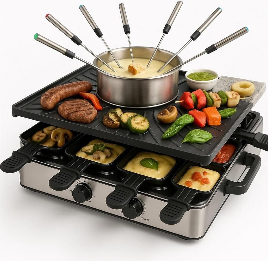 Raclette fondueset Apparaat voor kaasfondue Gezellig tafelen Voor 8 personen 17 Delen Zwart