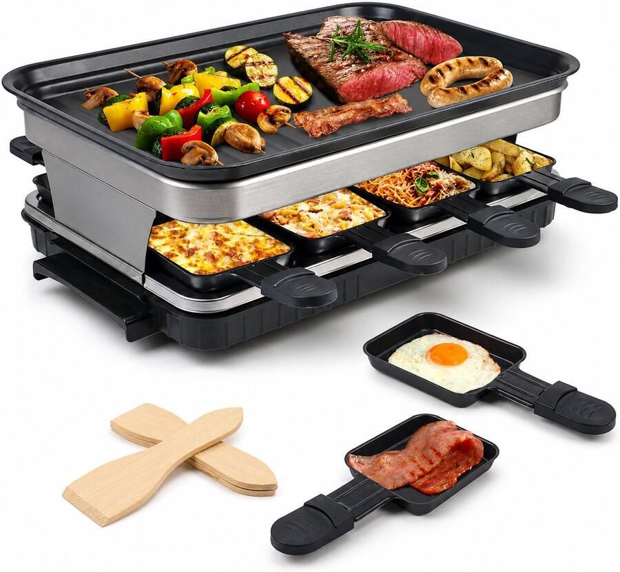 Raclette Gourmetstel 8 Personen – 1500W – Regelbare Thermostaat – 8 Pannetjes – Antiaanbak Grillplaat