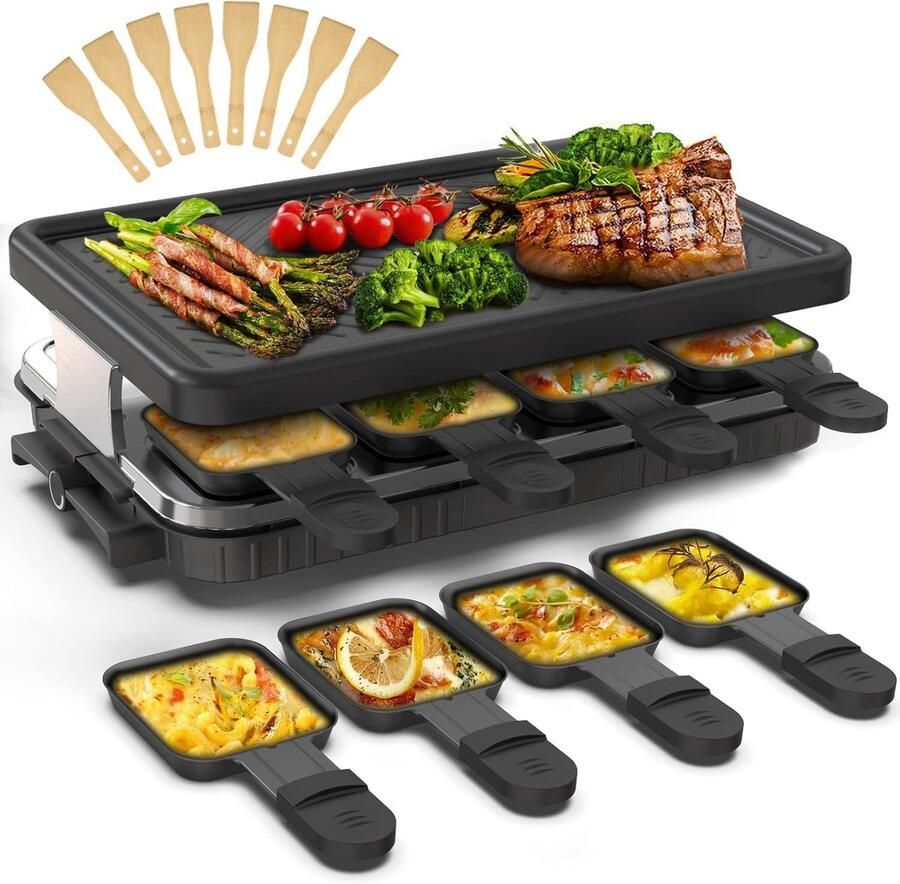 Raclette Grill 8 Personen – 8 Anti-aanbak Pannetjes – 1300W – Traploos Verstelbaar – RVS – Warmhoudfunctie – Voor Gezellige Avonden – Zwart