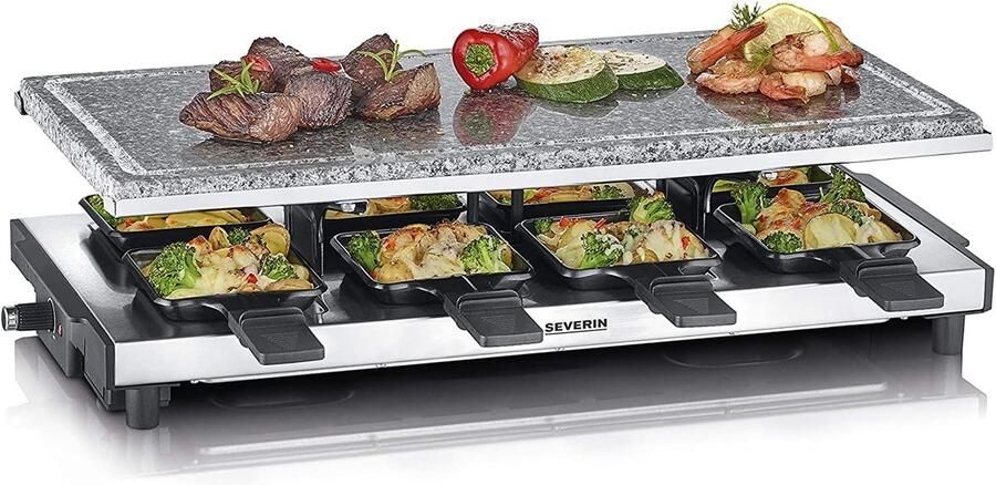 Raclette Grill 8 Personen – Natuursteen Grillplaat – 8 Pannetjes – Traploos Regelbaar – 1700W