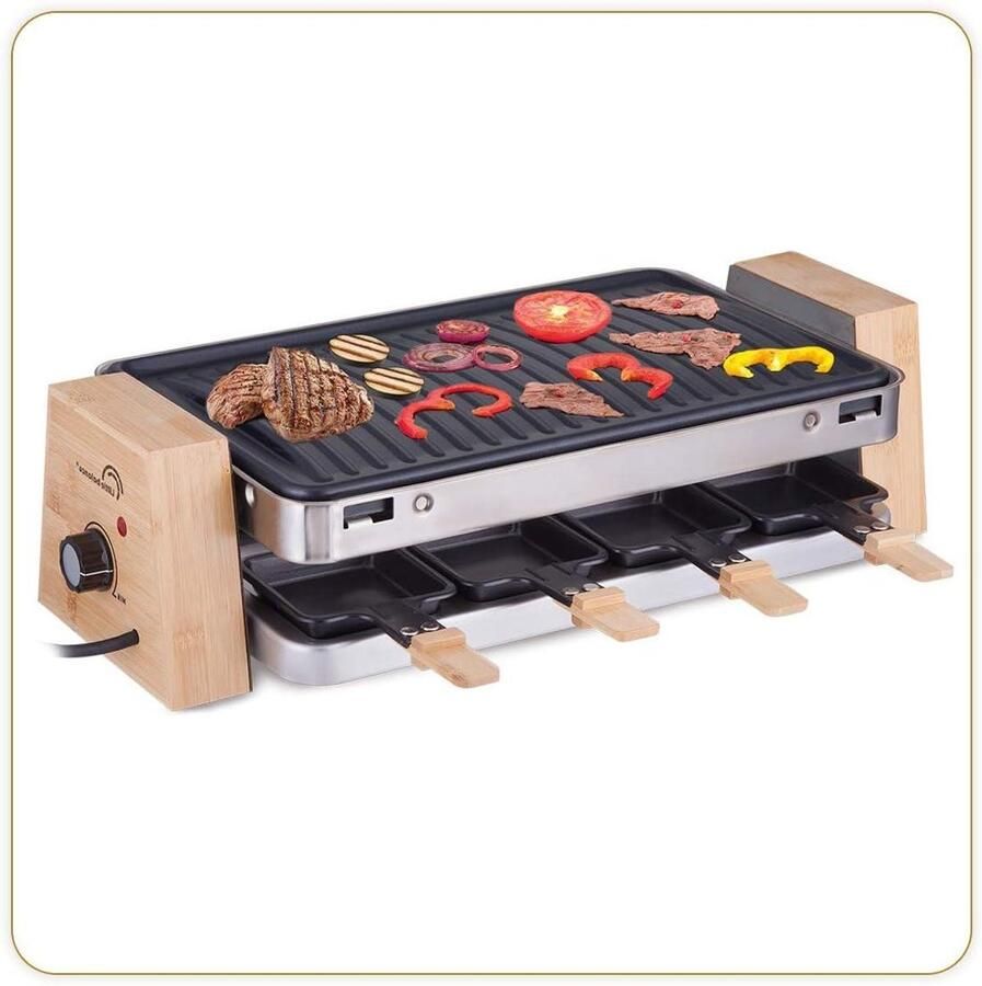 Raclette Grill Binnengrill Bakplaat Gezellig Tafelen 8 Persoons Apparaat 37 cm breed Bamboe
