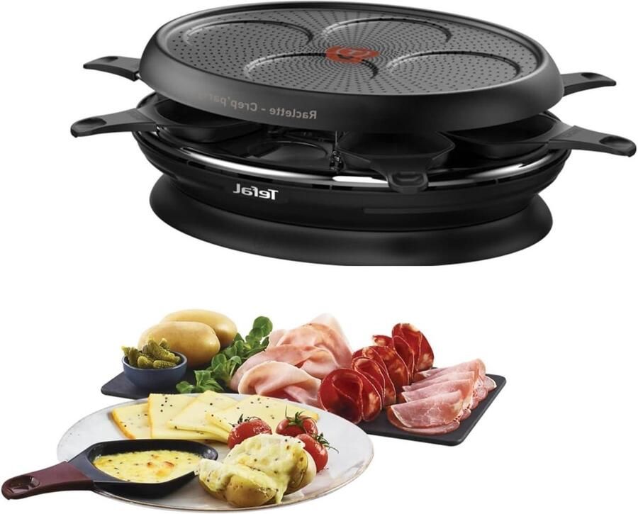 Raclette Grill Crepe Party Plaat Gezellig Tafelen Thermo-Spot Indicator 8 Personen Zwart