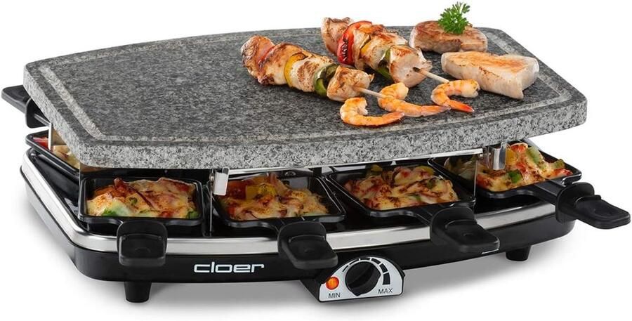 Raclette Grill Elektrisch Gourmetstel Gezellig Tafelen Natuursteen Plaat 8 Pannetjes Zwart
