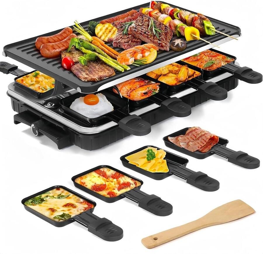 Raclette Grill Elektrisch Grillen Binnen Barbecueën Omkeerbare Grillpan 8 Personen Zwart