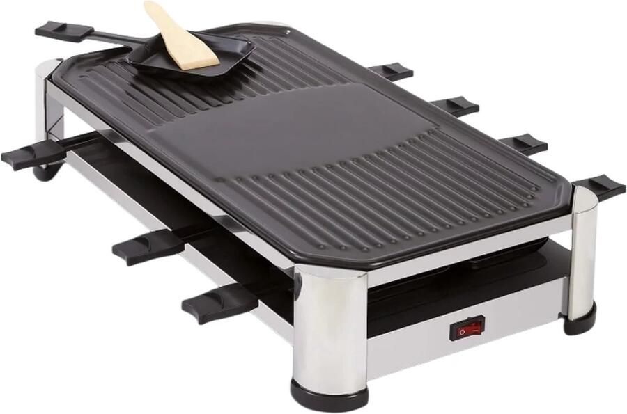 Raclette grill elektrisch met teppanyaki bakplaat en gourmetset antiaanbaklaag voor 8 personen 1500W met pannetjes