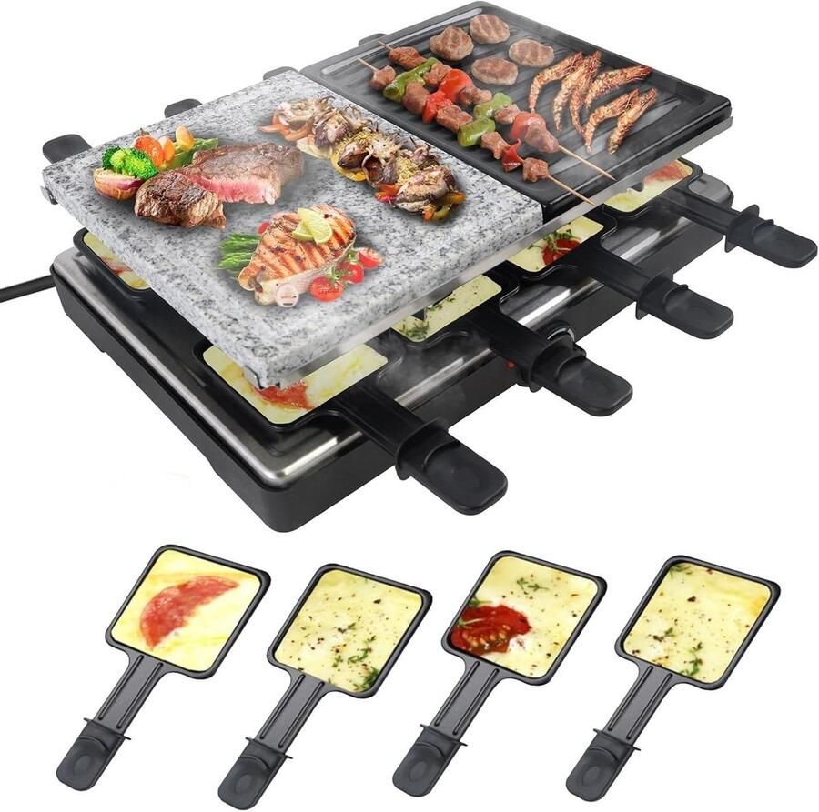Raclette Grill Elektrische Grillpan Gezellig Tafelen Dubbele Grillplaten 8 Personen Zwart