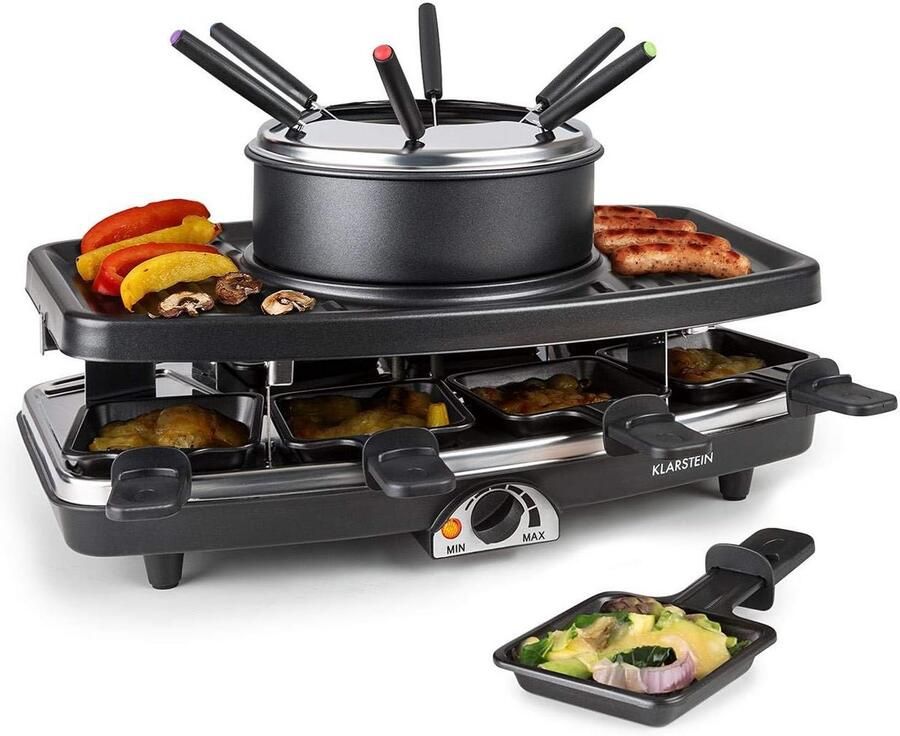 Raclette Grill Fondue Set voor 8 Personen 3-in-1 Tafelgrill met Steengrill en Anti-Aanbaklaag
