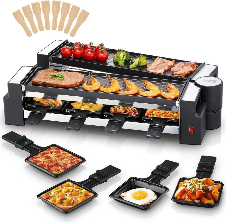 Raclette-grill Mat Roestvrij Staal Voor 8 Personen Draaibaar met Antiaanbaklaag Ideaal voor Thuis en Feestjes