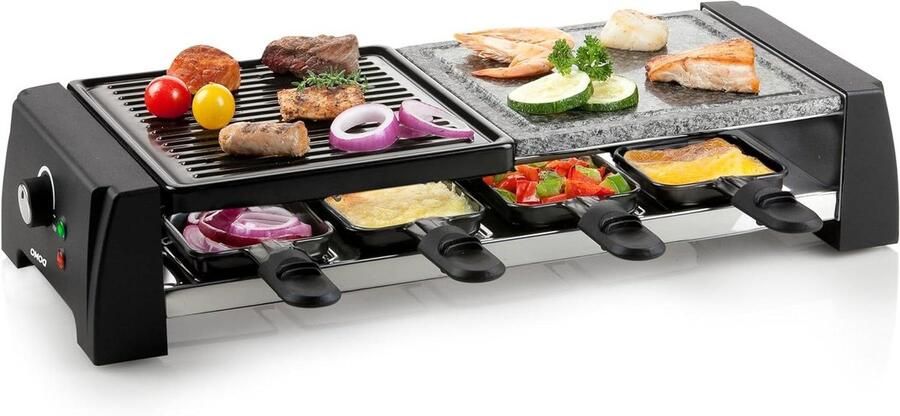 Raclette Grill met Steen Elektrische Grillplaat Gezellig Eten Dubbel Hitte-element 8 Pannetjes Zwart Grijs