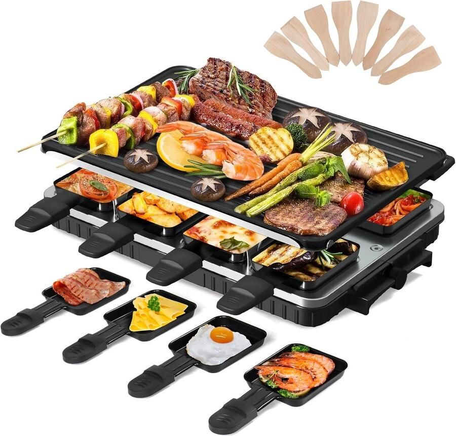 Raclette-grill Omkeerbare Grillpan 37 2 x 25 x 12 3 cm Elektrische Tafelgrill met Antiaanbaklaag Voor 8 Personen