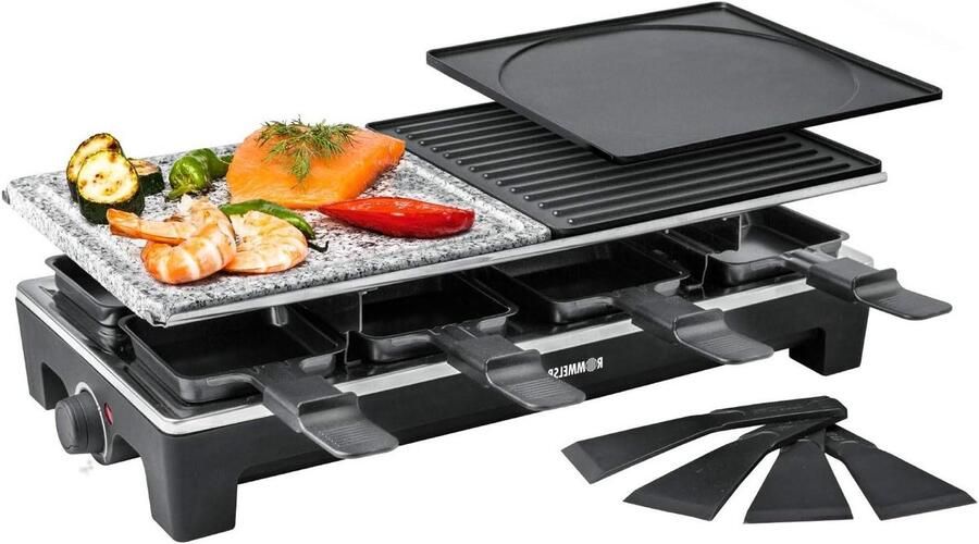 Raclette Grill Gourmet Set Gezellig Eten 3 Combinatie Platen 8 Pannetjes Zwart Roestvrij Staal