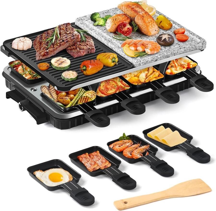 Raclette Grill Rakletapparaat Binnen Grill Gezellig Eten Dubbelzijdige Grillplaat 8-10 personen Zwart