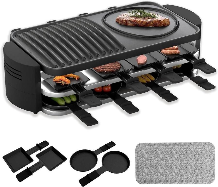 Raclette Grill Tafelgrill Elektrische Grill Gezellig Eten Natuursteen en Grillplaat 8 personen Zwart