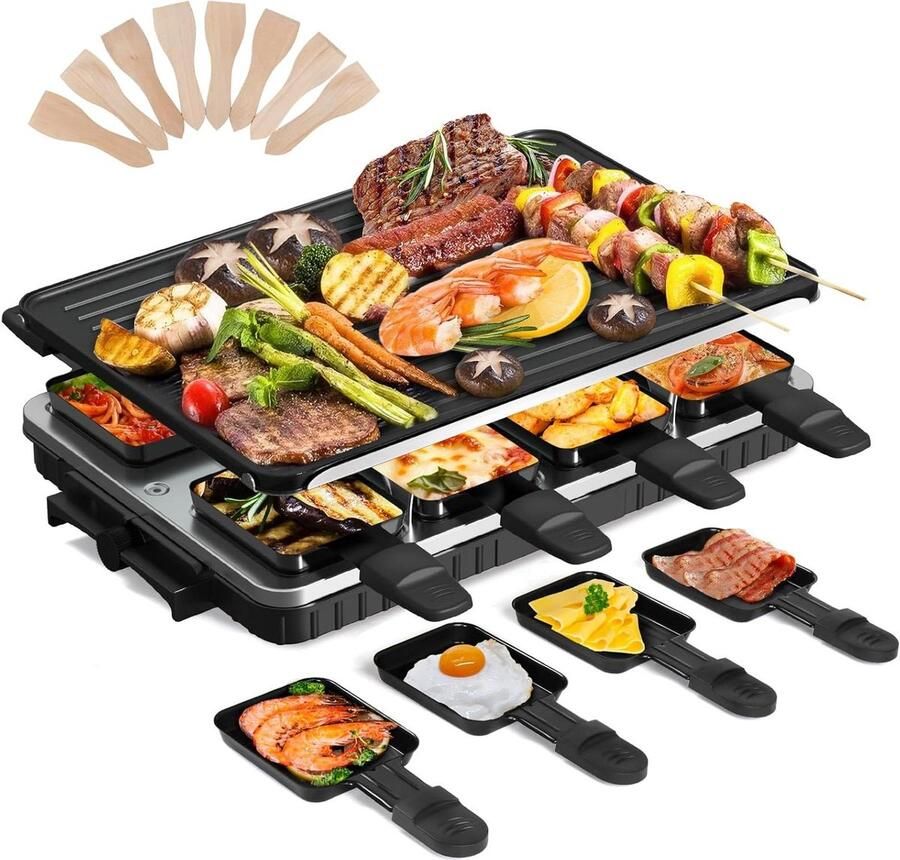 Raclette Grill Tafelgrill Elektrische Grill Gezellig Eten Omkeerbare Grillplaat 8 Personen Zwart