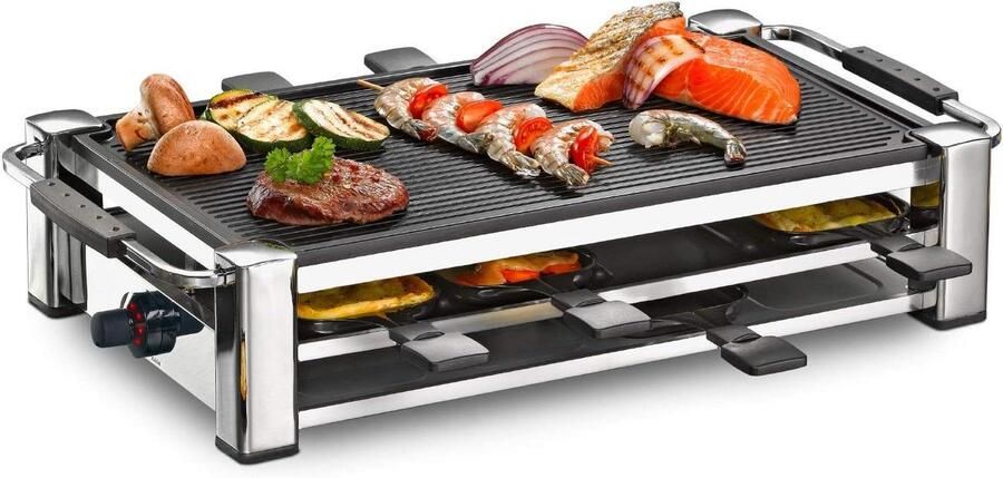 Raclette Grill Tafelgrill Gezellig Tafelen Geribbelde Grillplaat 8 Personen Chroom