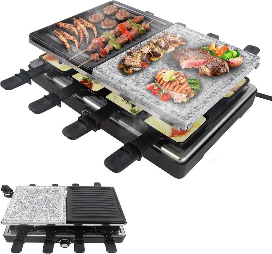 Raclette Grill Tafelgrill Gezellig Tafelen Natuursteen Grillplaat 8 Pannen Rood