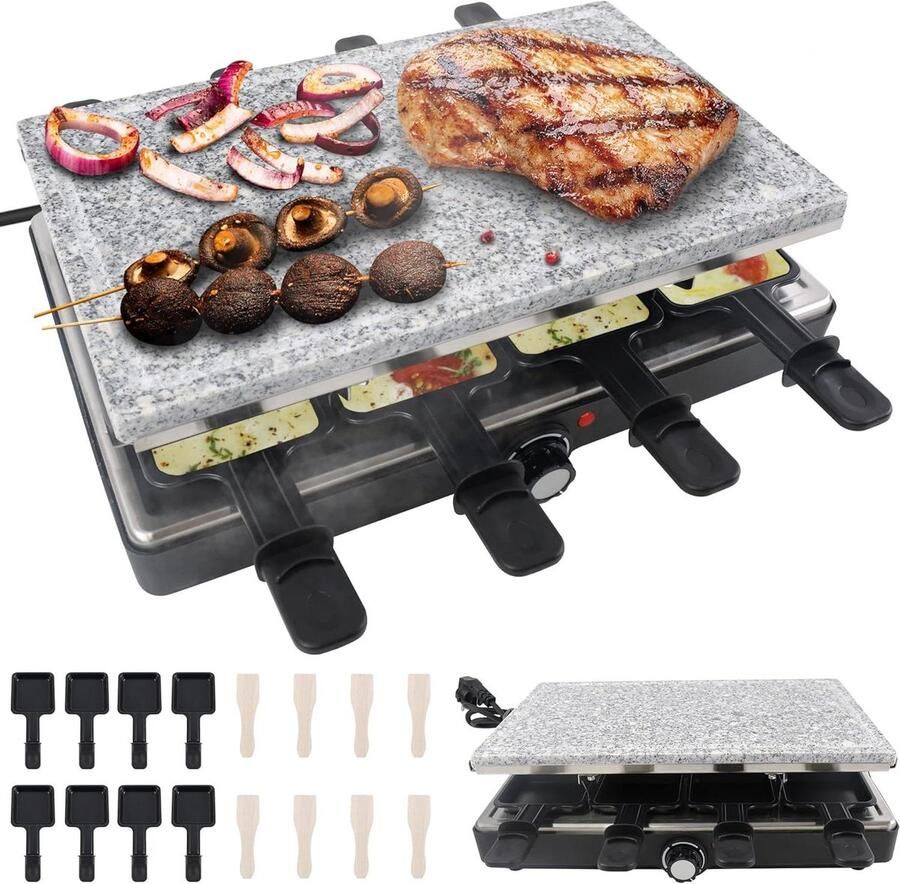 Raclette Grill Tafelgrill Partygrill Gezellig Eten Dubbelzijdig Grilloppervlak 8 Personen Zilver