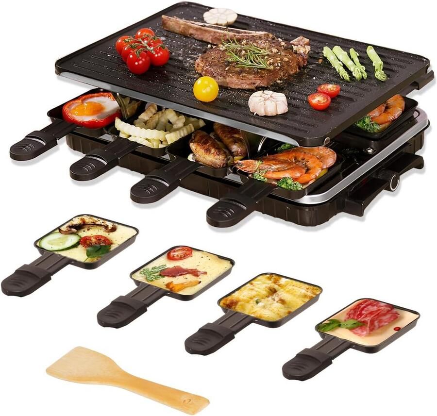 Raclette Grill voor 8 Personan 1200 Watt Antiaanbaklaag 8 Pannetjes Tafelgrill voor Raclette Party