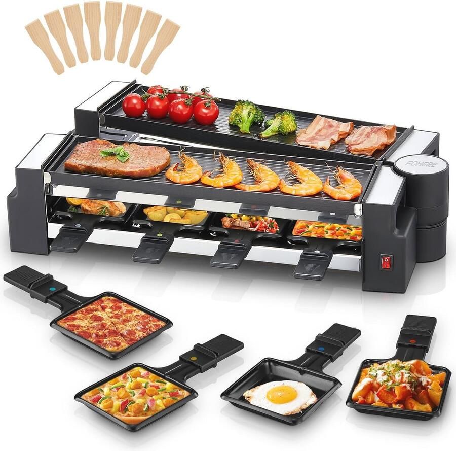 Raclette Grill voor 8 Personen Draaibare met Antiaanbaklaag 1400 W Ideaal voor Thuis en Feestjes