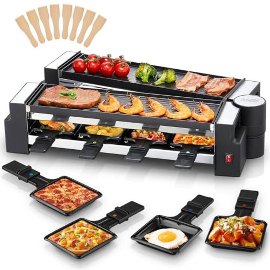 Raclette Grill Elektrisch Gourmetstel Gezellig Tafelen Flexibele Draaifunctie Voor 8 Personen Zwart