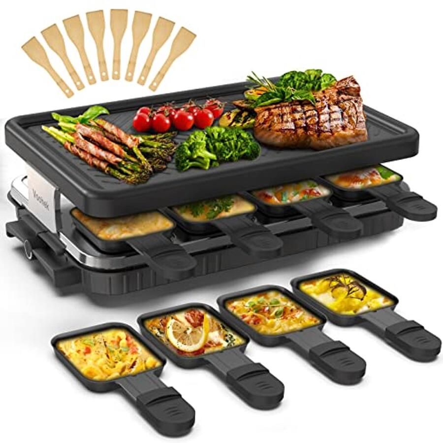 Raclette Grill voor 8 Personen Elektrische Tafelgrill met Antiaanbaklaag en Instelbare Temperatuur Ideaal voor BBQ en Gezellige Avonden