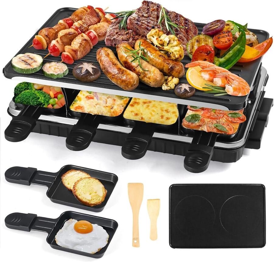Raclette Grill Zwart Voor 8 Personen Elektrische Grill met Anti-aanbaklaag Voor Gezellige Avonden