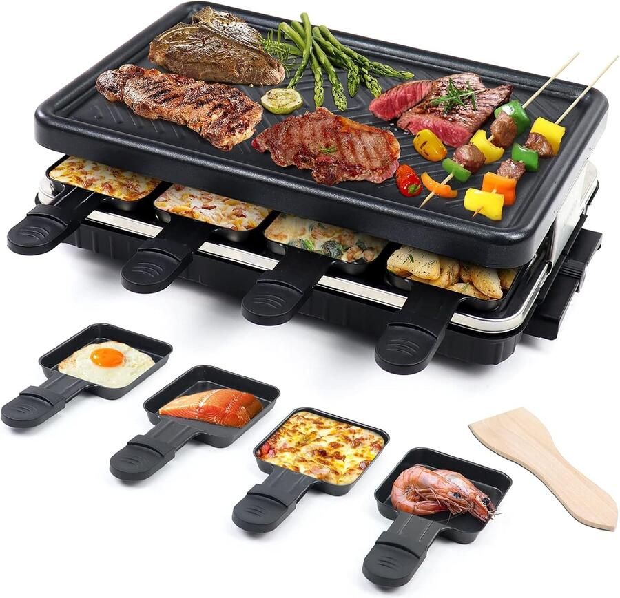 Raclette Grill Zwart Voor 8 Personen Elektrische Grill met Antiaanbaklaag Voor Binnengebruik